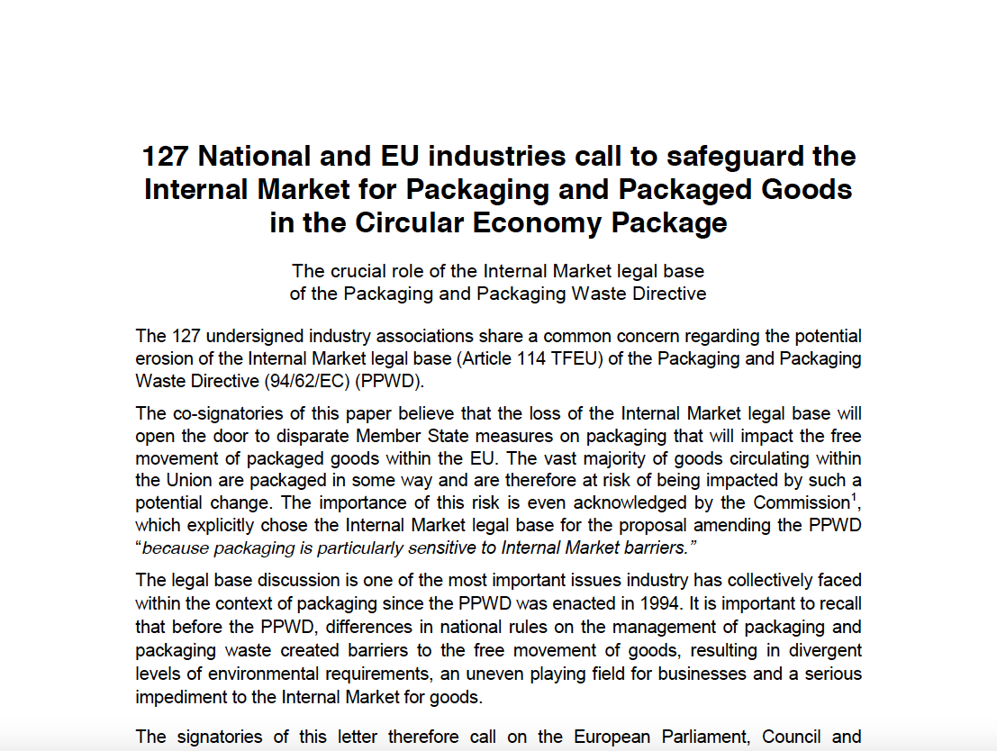 127 National and EU industries call to safeguard the Internal Market for Packaging and Packaged Goods in the Circular Economy Package